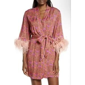 KILO BRAVA Feather Trim Sateen Robe Shell Print Pink Glam Luxe Lingerie Sz XXXL